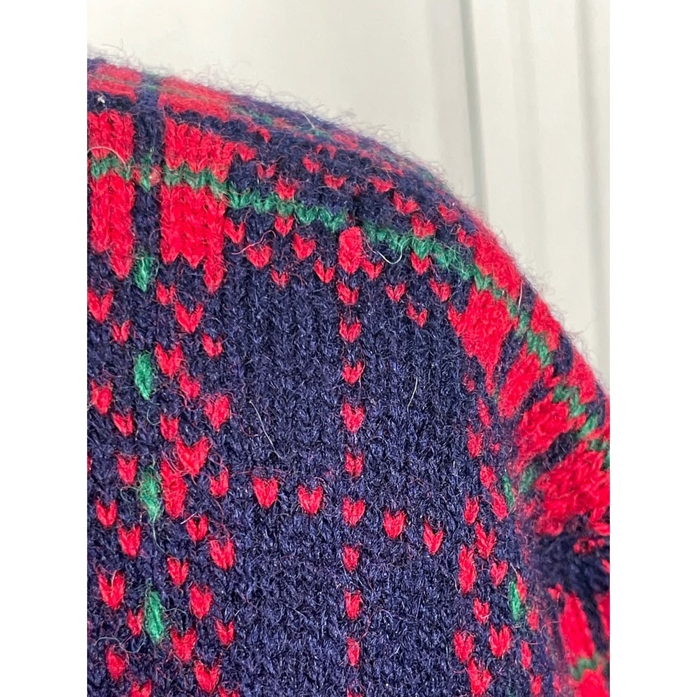 Vintage 90's Susan Bristol Wool Cardigan Sweater Plaid Knit Navy Red Green- L - Picture 15 of 16